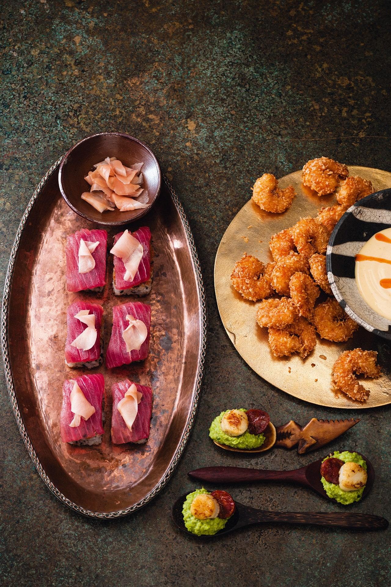 Seafood Canapé recipe - Coconut prawns, tuna sashimi and scallops ...