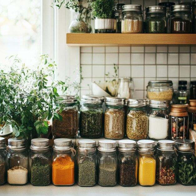 1 a tranquil kitchen <b>with</b> fresh <b>herbs</b> and spices neatly arranged ...